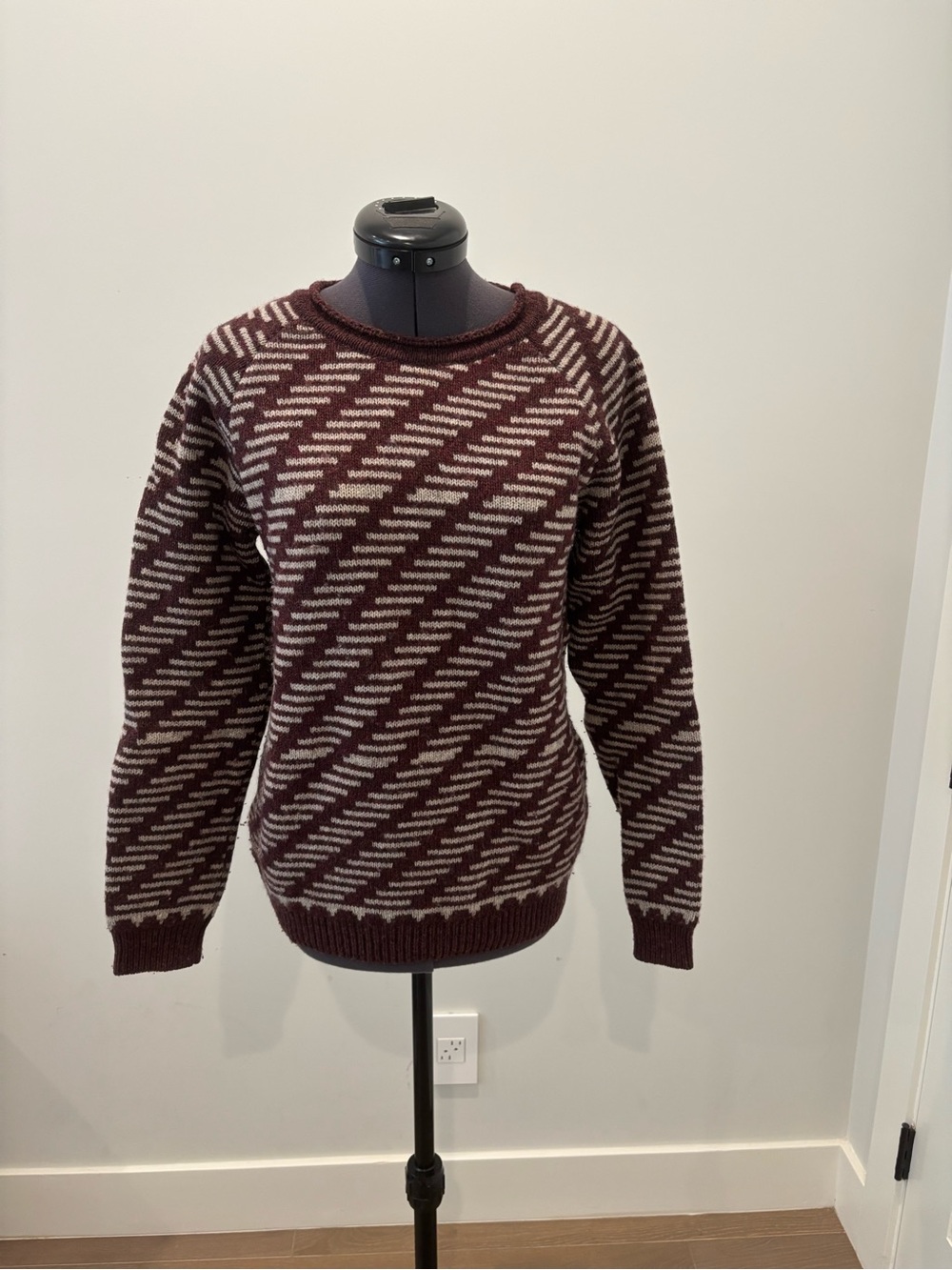A.P.C. Burgundy and Cream Patterned Crewneck Sweater